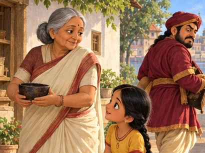 Grandmother takes back the bowl as the dishonest merchant walks away.