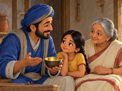 The honest merchant respectfully explains the golden bowl to the family.