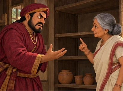 The dishonest merchant returns to an empty shelf and listens to Grandmother.
