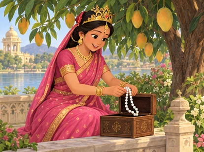 A rose-clad queen places pearls in a wooden box beneath a mango tree.
