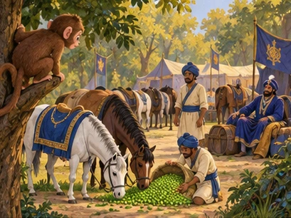 A forest caravan rests while a brown monkey watches horses eating peas.