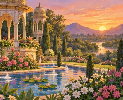 A peaceful palace garden and distant forest glow warmly in evening light.