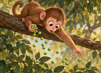 The monkey drops his remaining peas while reaching toward the fallen one.