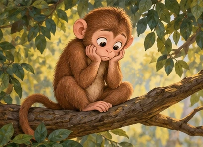 The monkey sits sadly on the branch with empty hands.