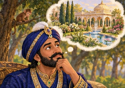 The thoughtful king observes the monkey and pictures his beloved palace garden.