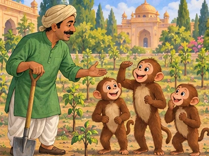 Three monkeys offer to help a green-clad gardener beside rows of saplings.