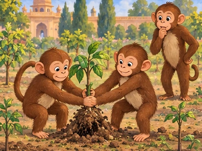 Two monkeys pull one small sapling from soft soil while their leader watches.