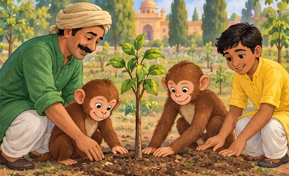 Gardener and monkeys carefully replant the saplings and cover their roots.