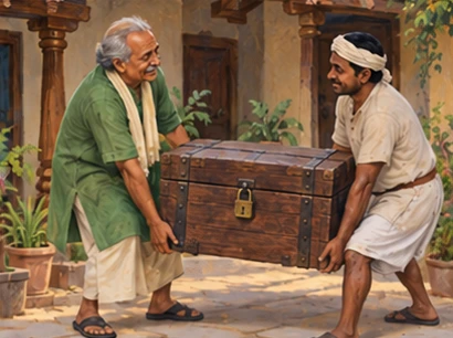 A green-clad friend and neighbor carry a heavy wooden chest into the father’s courtyard.