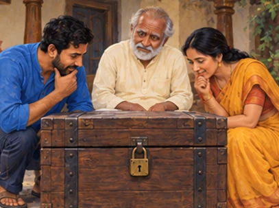 The adult children inspect the locked heavy chest beside their seated father.