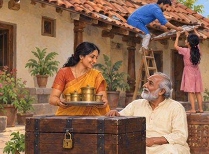 The children bring food and repair the courtyard roof while glancing at the locked chest.