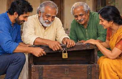 The father unlocks the chest with both adult children and his friend gathered around.
