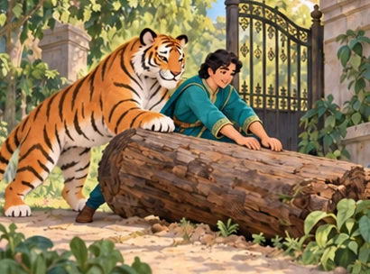 The cooperative tiger and prince roll a fallen log away from the garden gate.