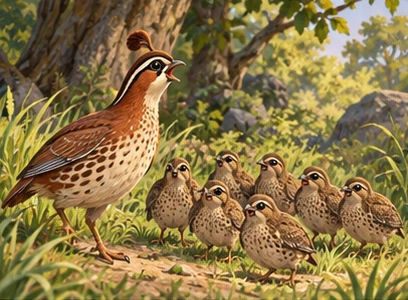 A russet quail leader calls six brown quails through woodland grass.