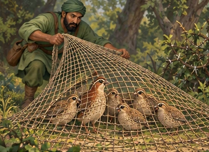 A green-clad fowler drops a loose net over the gathered quails.