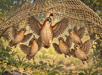 The quails lift the net together by flapping in one coordinated beat.