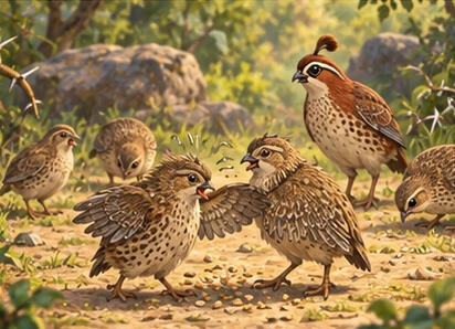 One quail accidentally brushes another while landing in their feeding clearing.