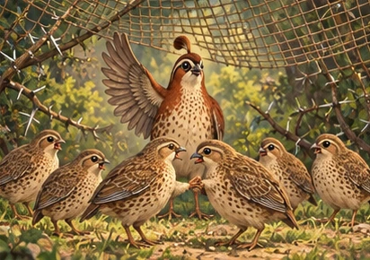 The quail leader gives a firm signal while the two offended birds agree.