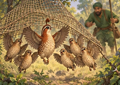 All quails lift the net just ahead of the approaching fowler.