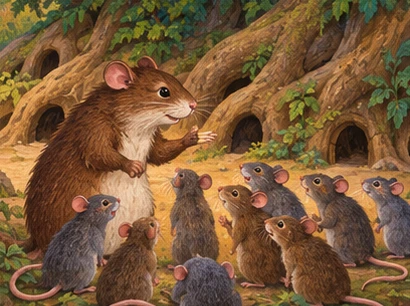 A brown rat chief checks a group of smaller rats near forest-root burrows.