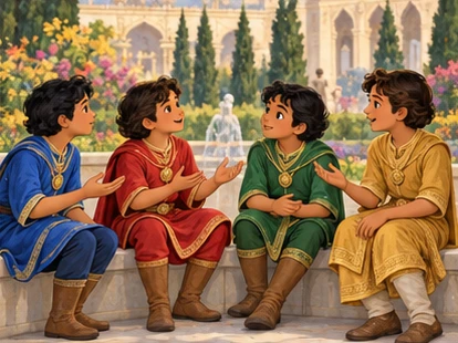 The four brothers debate their different descriptions in the palace garden.