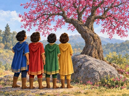 All four brothers observe the same redbud tree together beside its rock.