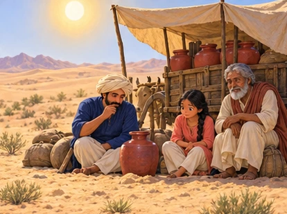Worried travelers shelter beside the cart and an almost empty water jar.