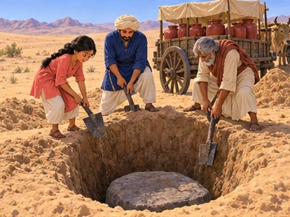 Travelers dig a well hole and uncover a broad flat rock.