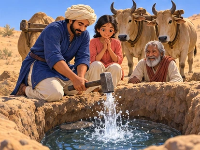 Cracked rock releases clear water into the well as travelers celebrate.