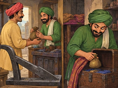 The town trader secretly sells the repaired plow and hides the payment.