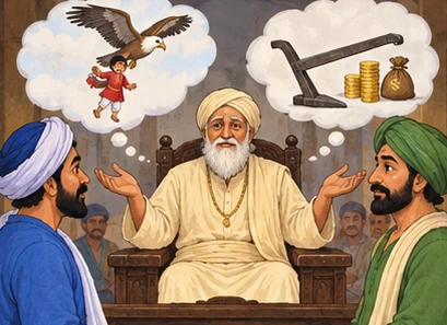 The judge compares the impossible claims while both traders stand before him.