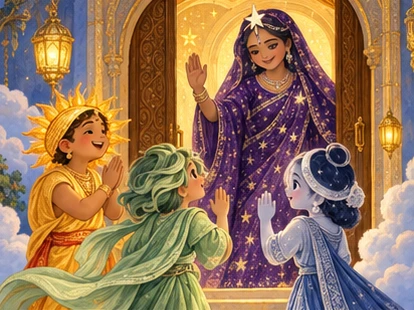 Three sky siblings say goodbye to their violet-clad Star mother at a glowing sky-home doorway.