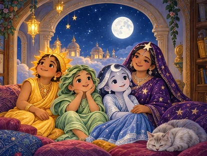 The sky family sits peacefully at its glowing window beneath a cool moonlit sky.