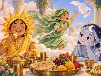 Sun enjoys the feast while Wind follows a fluttering napkin; Moon looks thoughtful.