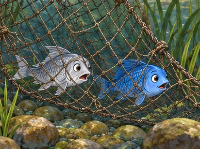Silver and blue fishes become caught in a loose river net beside reeds.