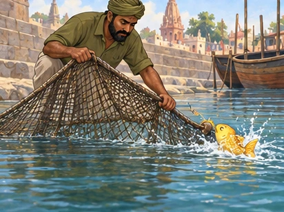 The fisherman lifts a net corner while the golden fish splashes downstream.