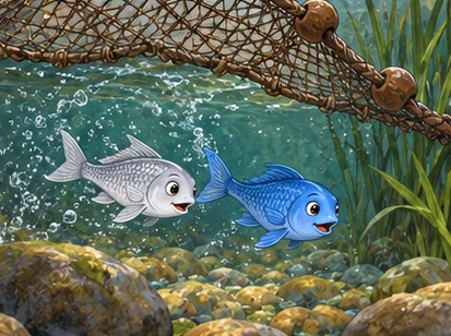 The silver and blue fishes escape beneath the lifted net corner.