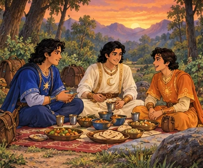 All three brothers share a peaceful meal beside the forest path at sunset.