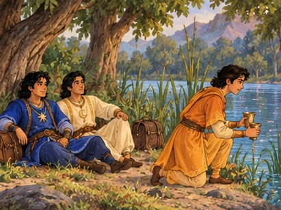 Sun approaches the reed-lined lake with cups while his brothers rest beneath a tree.