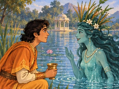 A teal water sprite wearing a reed crown asks Sun a riddle at the bank.