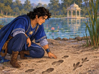 Star examines two sets of footprints at the dry lakeshore.