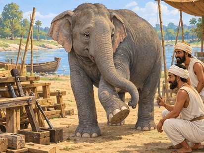 An older gray elephant lifts a sore foot near a riverside carpentry workshop.