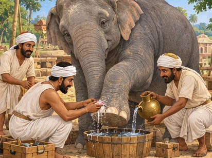 Carpenters carefully remove a splinter and wash the elephant’s foot.