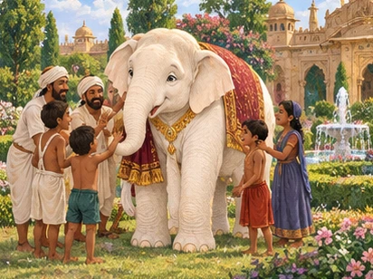 Carpenters and children visit the happy elephant in spacious palace gardens.