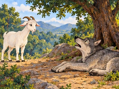 The pretending wolf raises his head while the goat halts at a safe distance.