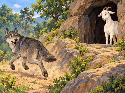 The wolf leaves hurriedly while the goat remains calm at her cave.