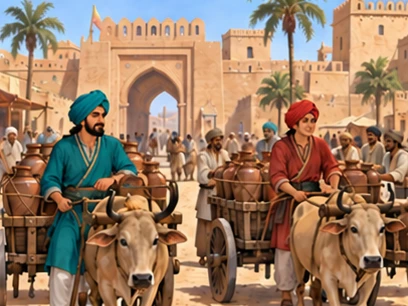 Two caravans prepare to leave an ancient town with full clay water jars.