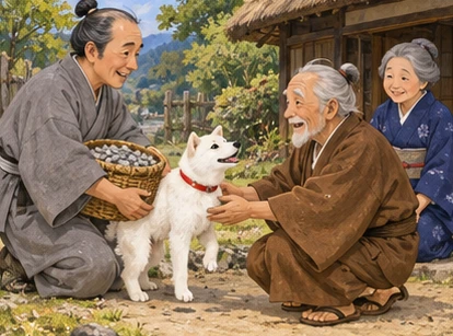 Grey-kimono neighbour returning safe white dog to grandfather, small stones in basket.