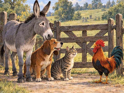 Red rooster joins the donkey dog and cat at a wooden gate.