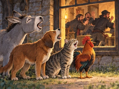 All four animals call through an open window while robbers flee through a door.